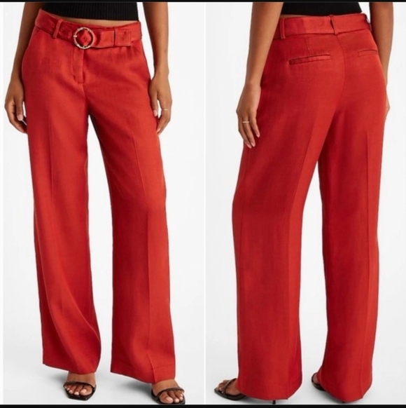 Pants - High-Rise Wide Leg Pants with Belt - Red